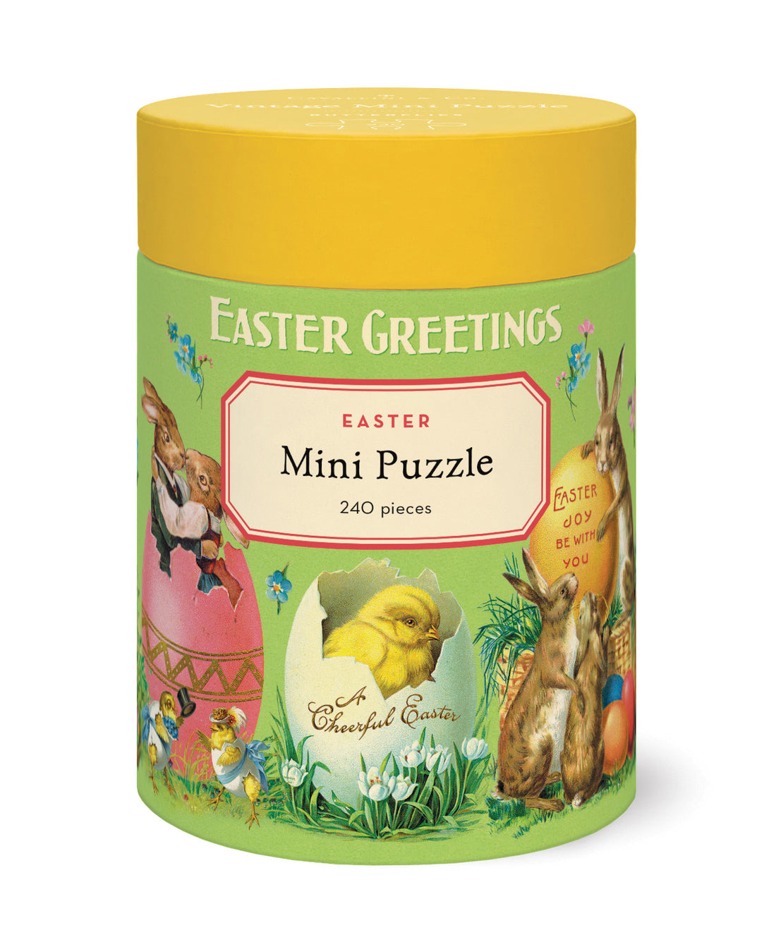Easter-themed mini puzzle packaging with colorful illustrations on a white background.