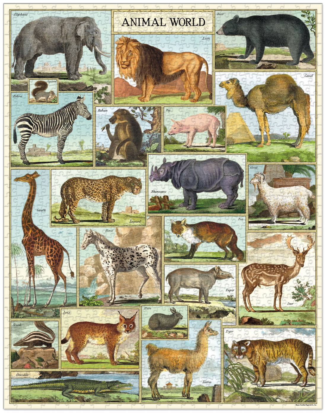 A cylindrical puzzle box with a vintage design, labeled &quot;Cavallini Papers &amp; Co Animal World Puzzle,&quot; featuring illustrated images of various animals.