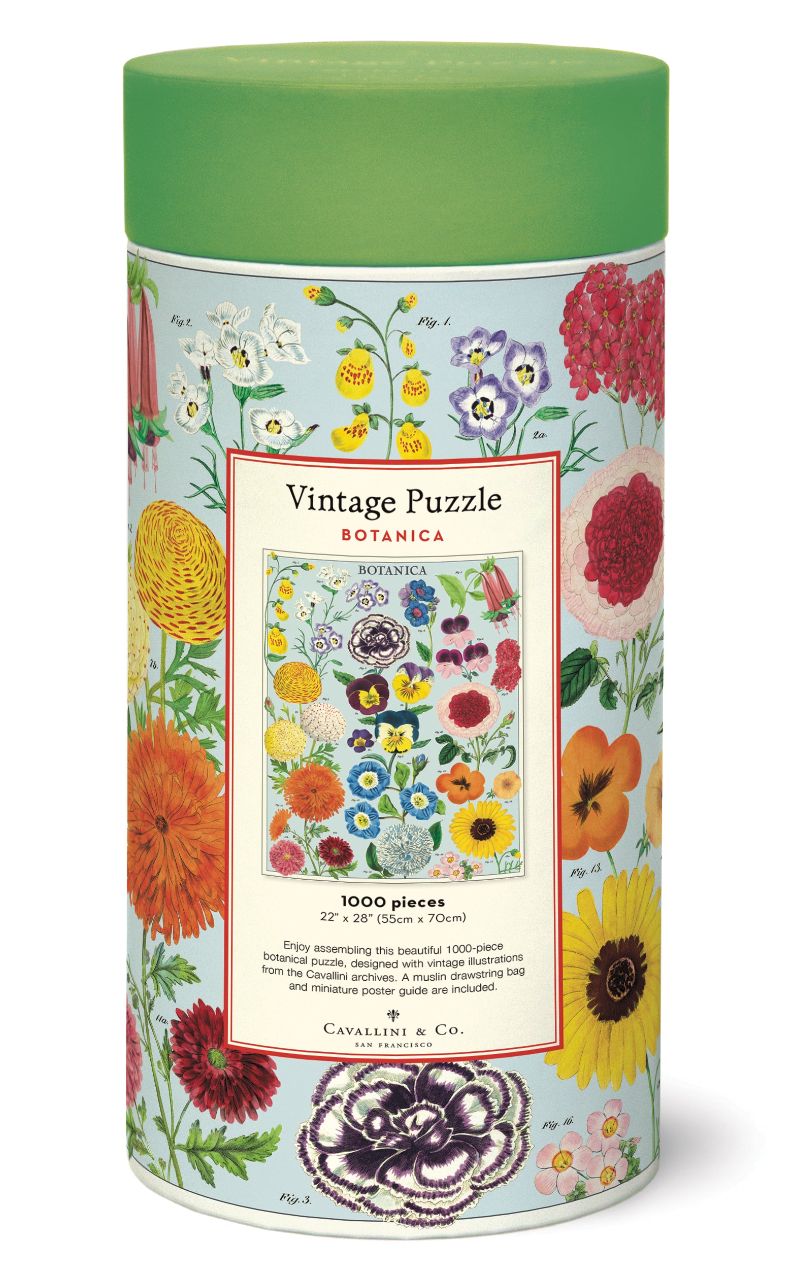 Botanica vintage puzzle packaging with floral design and green lid.