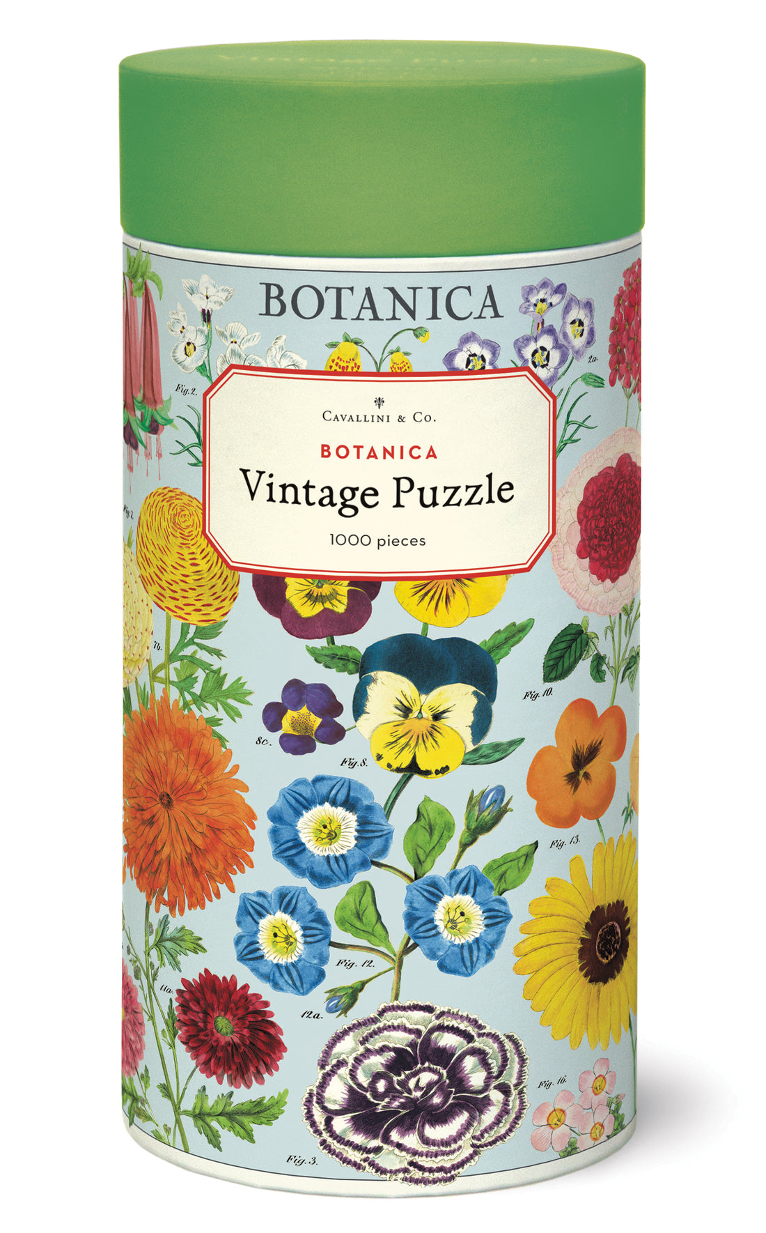 Botanica vintage puzzle packaging with floral design and green lid.