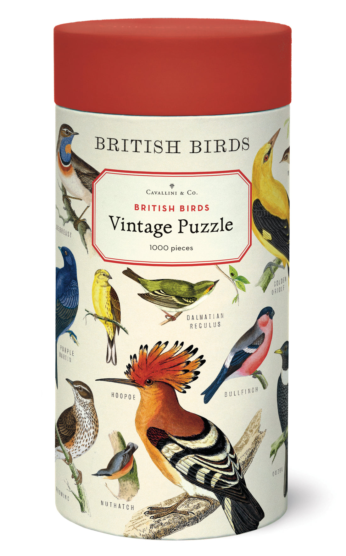 A cylindrical puzzle box labeled "British Birds Puzzle" from the Cavallini Papers &amp; Co archives, with illustrations of various bird species on it.