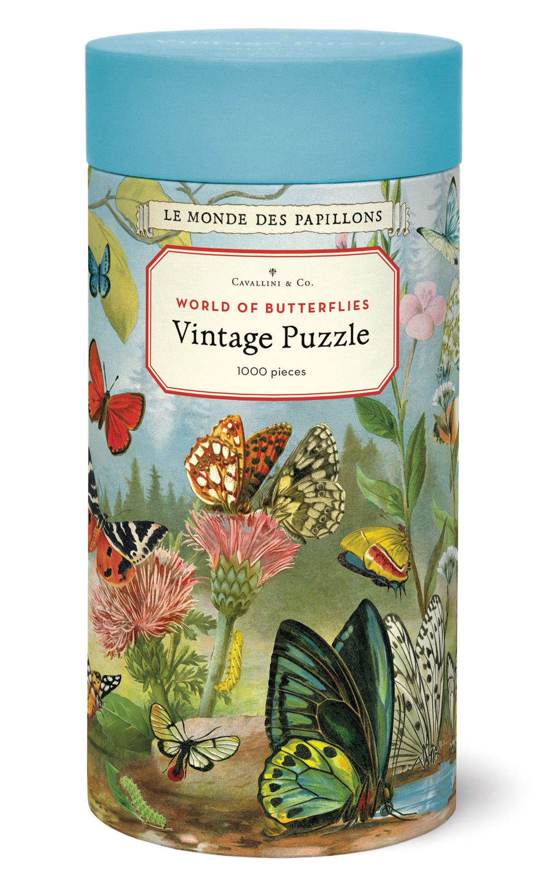 Vintage-style puzzle box with butterfly design on a white background.