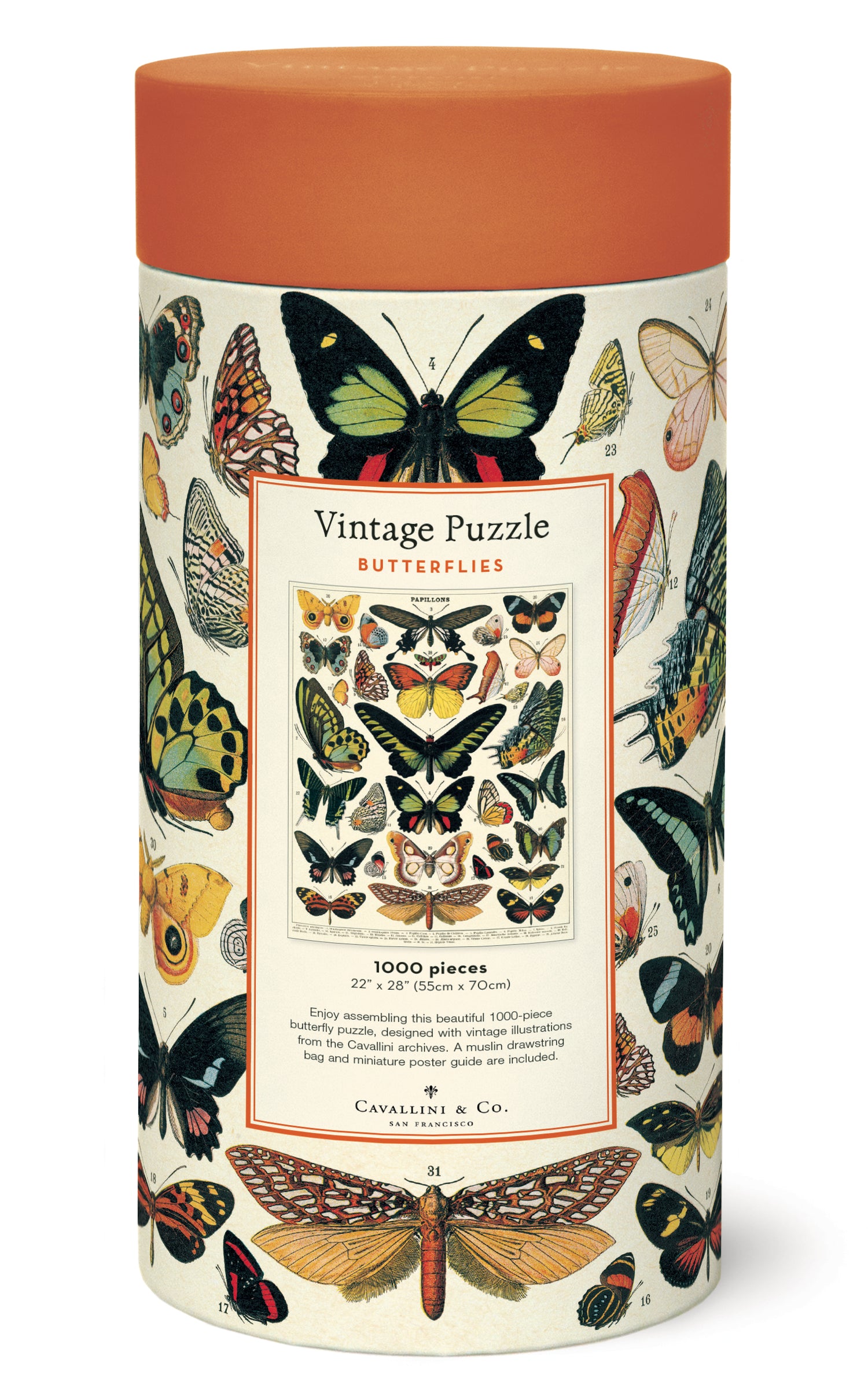 Cylindrical puzzle box with butterfly illustrations on a white background.
