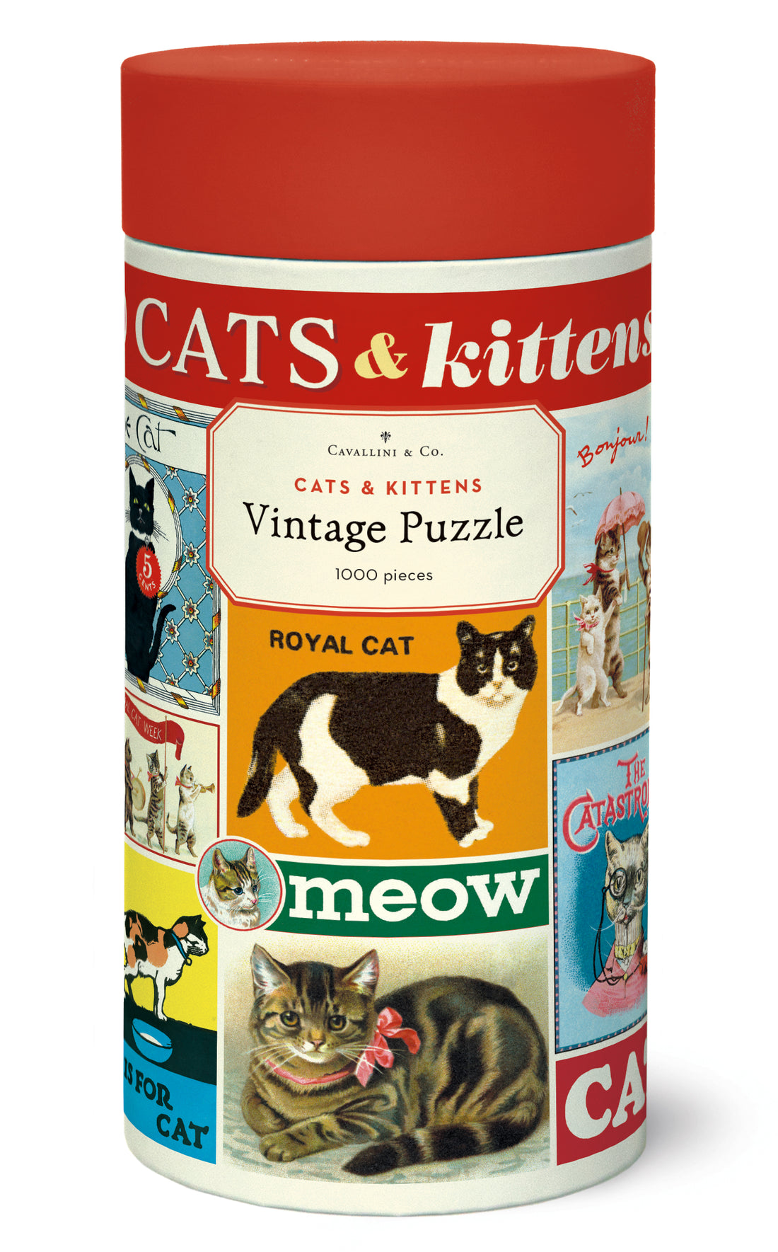 Vintage-style puzzle box with cat-themed illustrations on a white background.