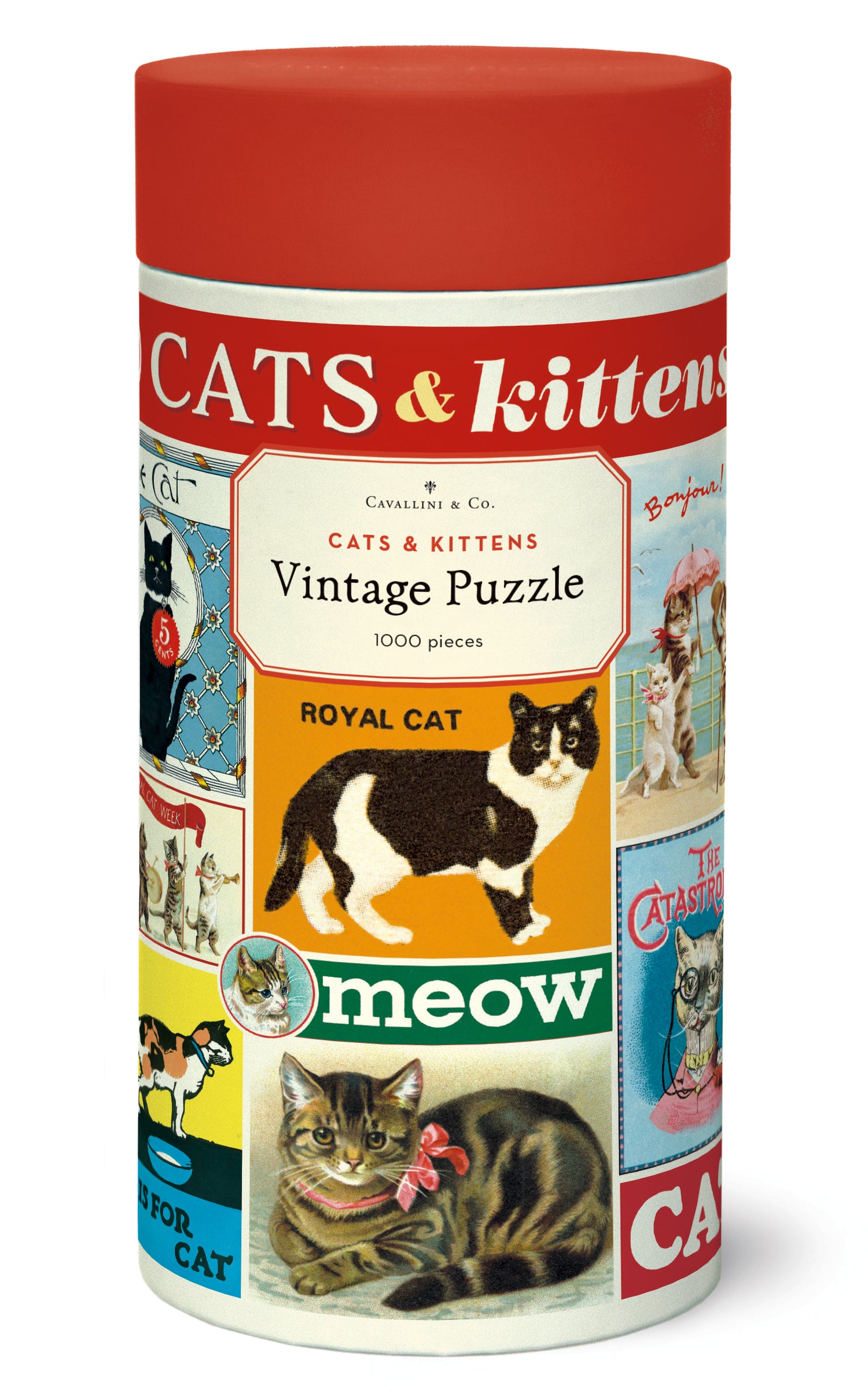 Vintage-style puzzle box with cat-themed illustrations on a white background.