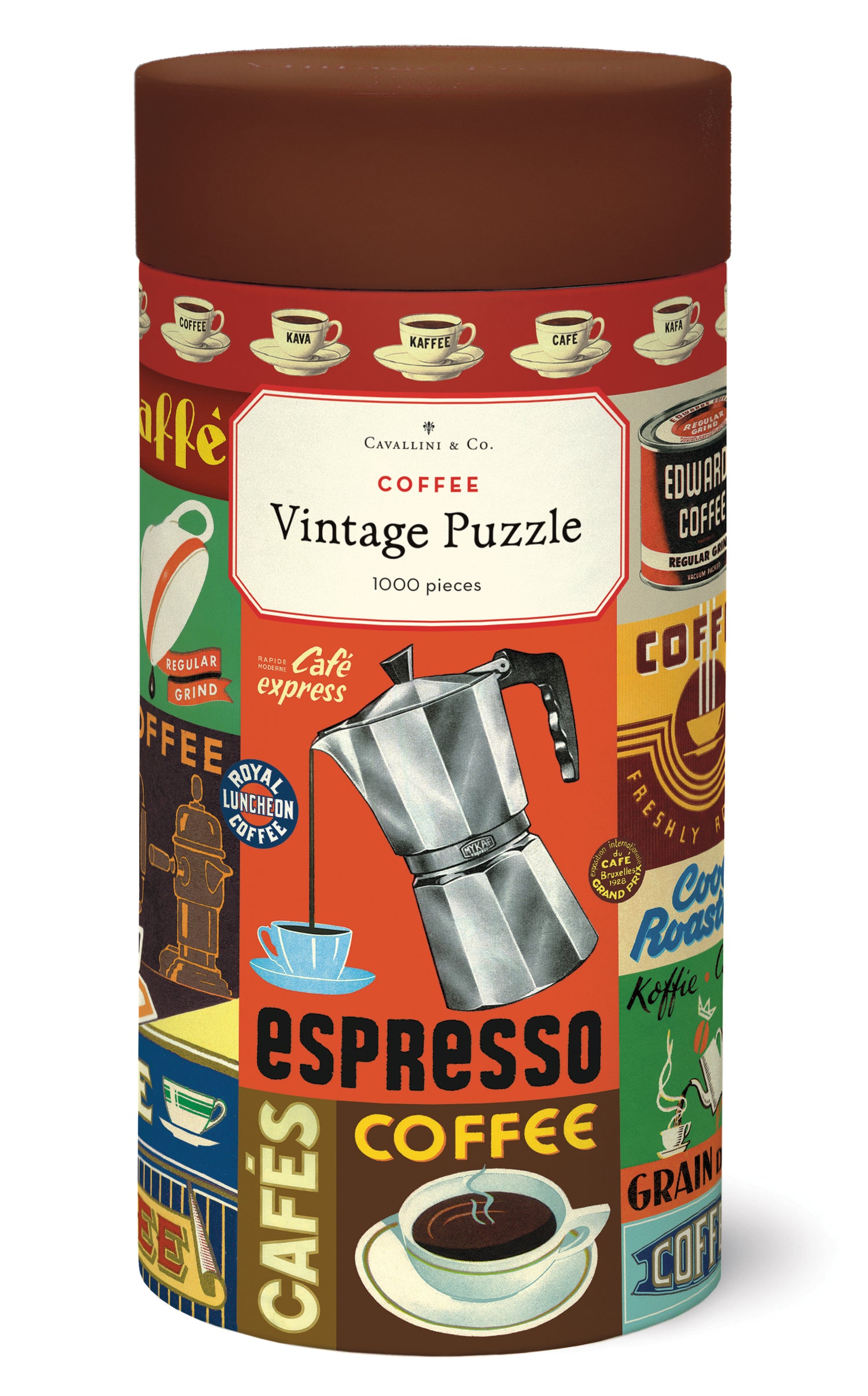 Coffee-themed vintage puzzle packaging with coffee-related graphics on a white background.