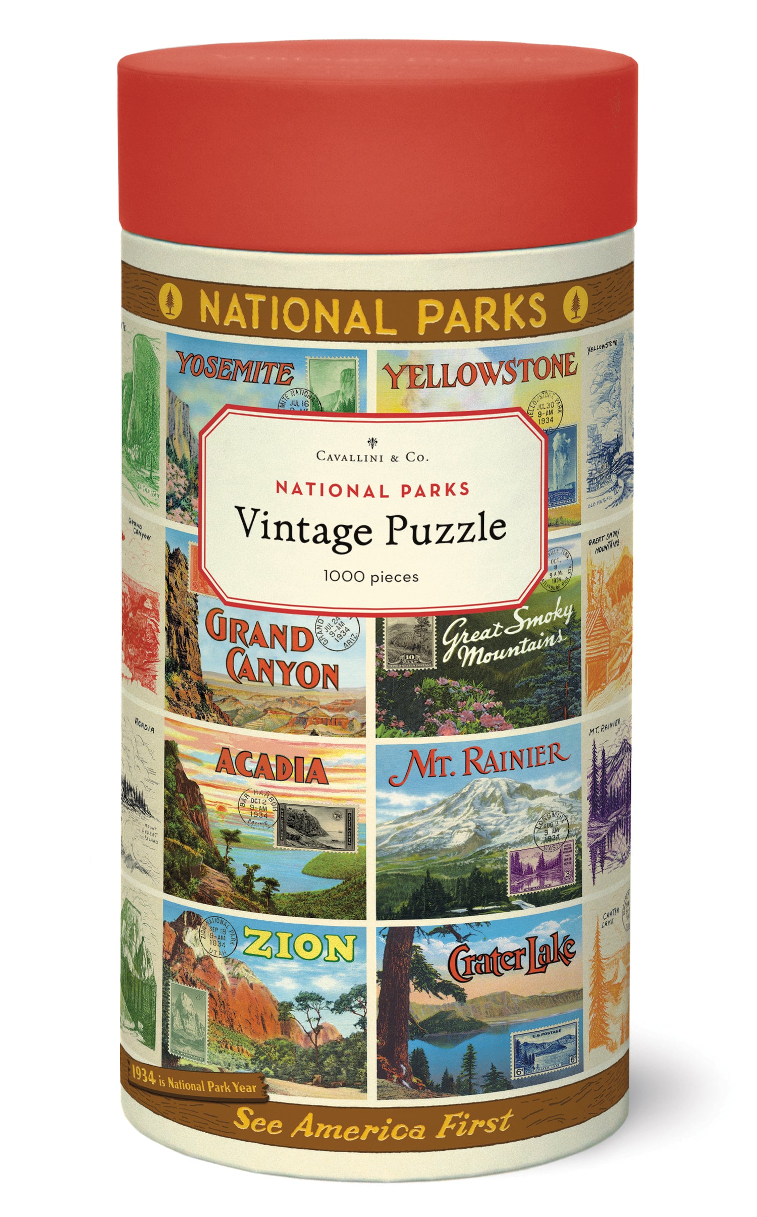 A 1000-piece National Parks 2 Puzzle featuring vintage imagery of U.S. national parks, packaged in a cylindrical container by Cavallini Papers &amp; Co.