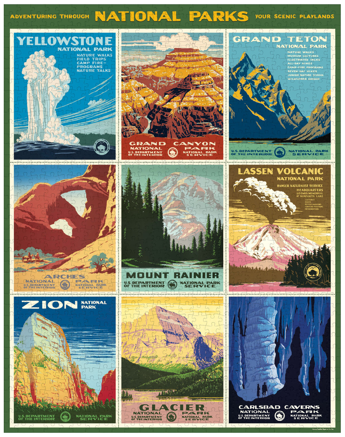 National Parks 1,000 piece puzzle assembled showing nine national parks in squares.