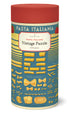 Pasta-themed vintage puzzle packaging with a red lid and blue body.