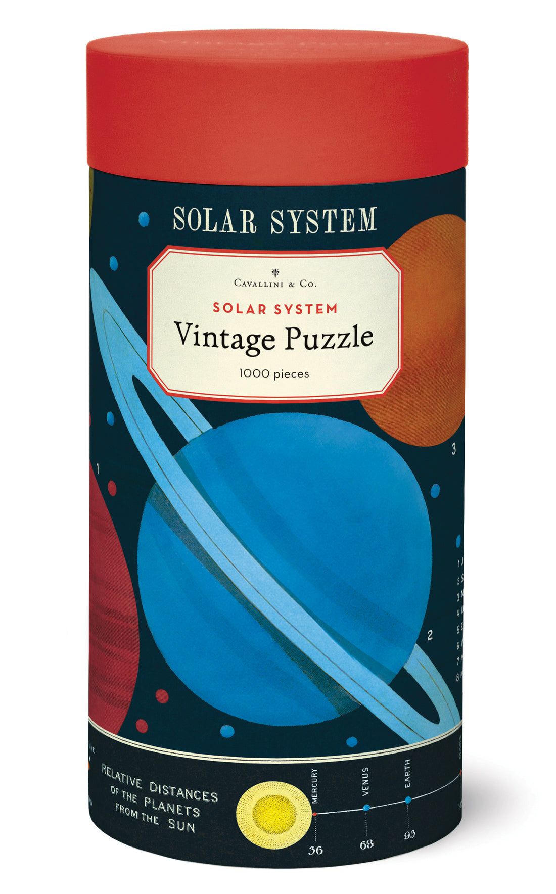 Solar system-themed vintage puzzle packaging with red lid and space-themed design.