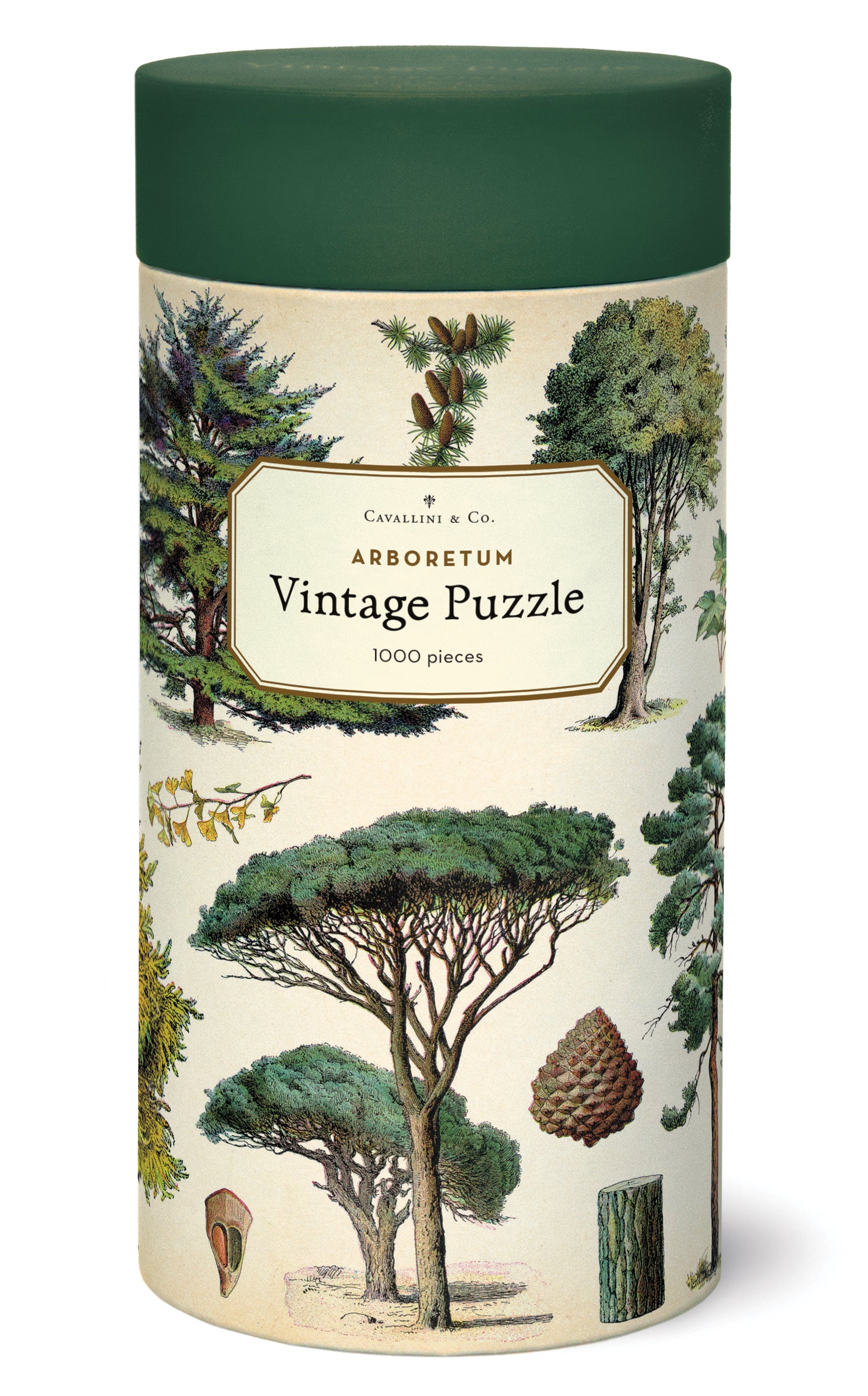 A 1000-piece Arboretum Puzzle featuring arboretum-themed vintage illustrations, packaged in a cylindrical container by Cavallini Papers &amp; Co.