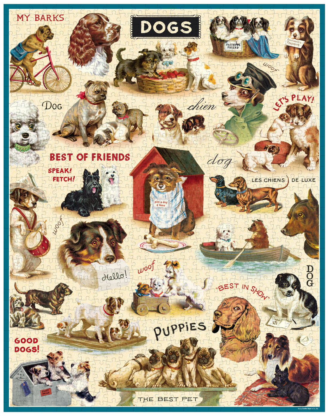 Vintage Dogs 1,000 piece puzzle assembled showing illustrations of whimsical dogs from the Cavallini archives.