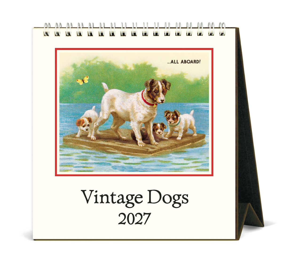 A desk calendar featuring vintage dog artwork. 