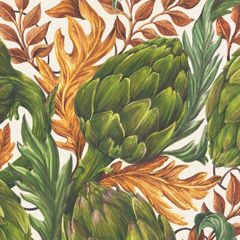 A square cocktail napkin featuring an illustrated pattern of artichokes and leaves on a beige background.