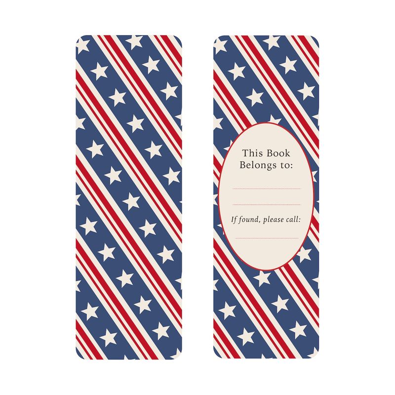 Front and back views of a bookmark with blue and white striped background and white star pattern, one side has a label for personalization.