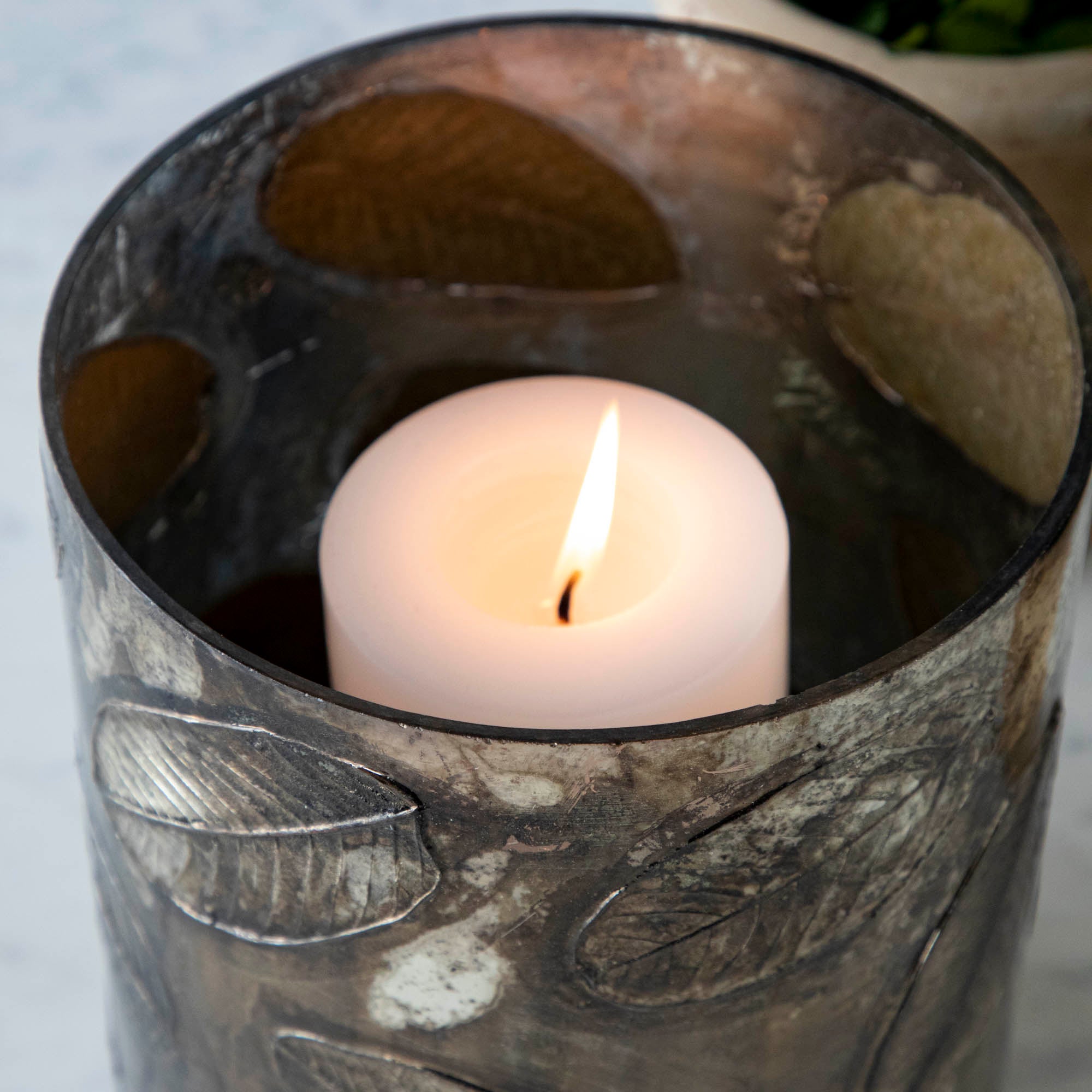 Embossed Mercury Glass Candle Holder with Leaves