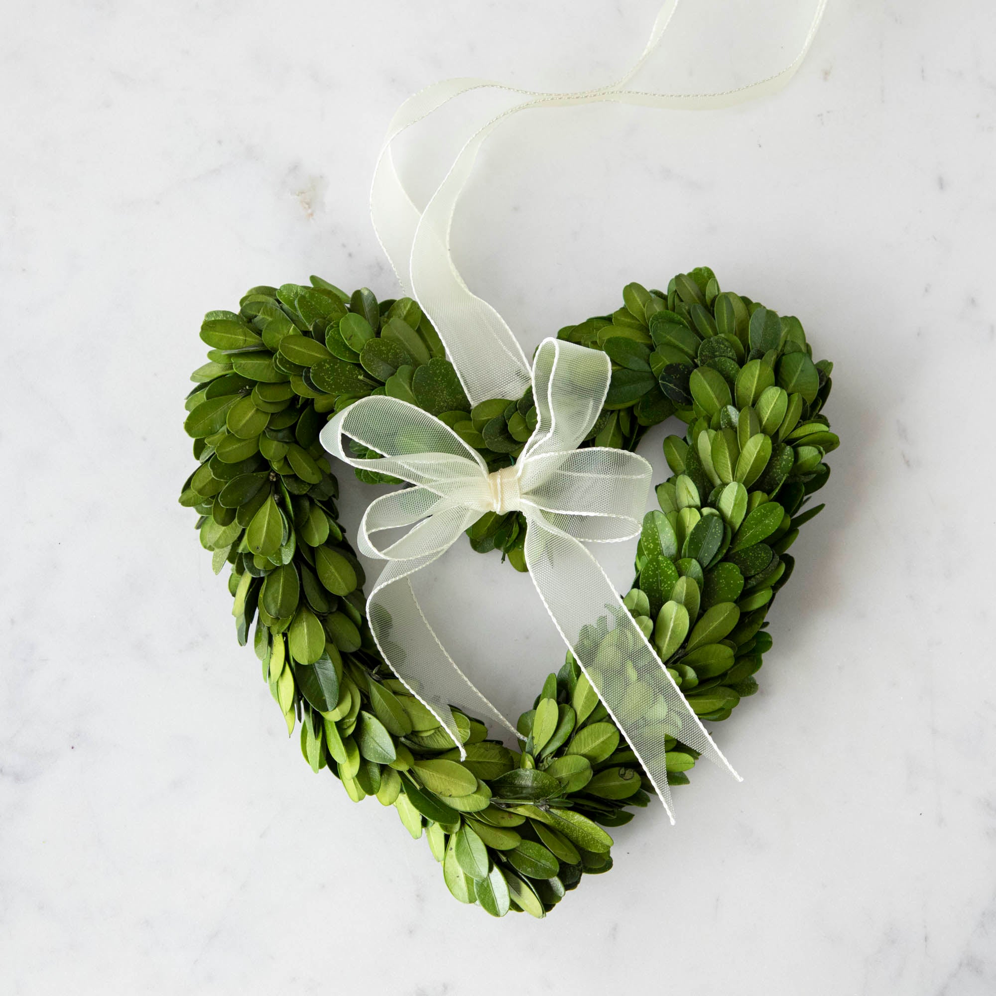 Three heart-shaped preserved Boxwood Wreath Hearts with Ribbons by Mills Floral Company on a white background.