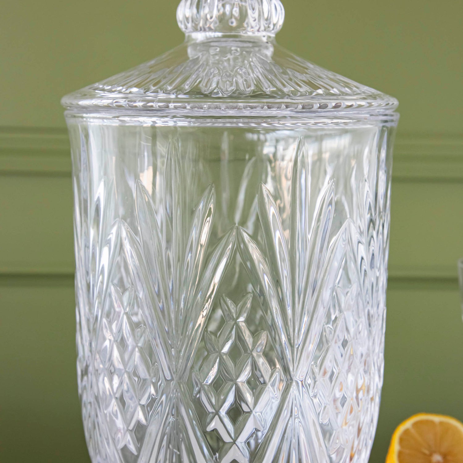 A close up of Dublin Glass Beverage Dispenser showing its intricate details.