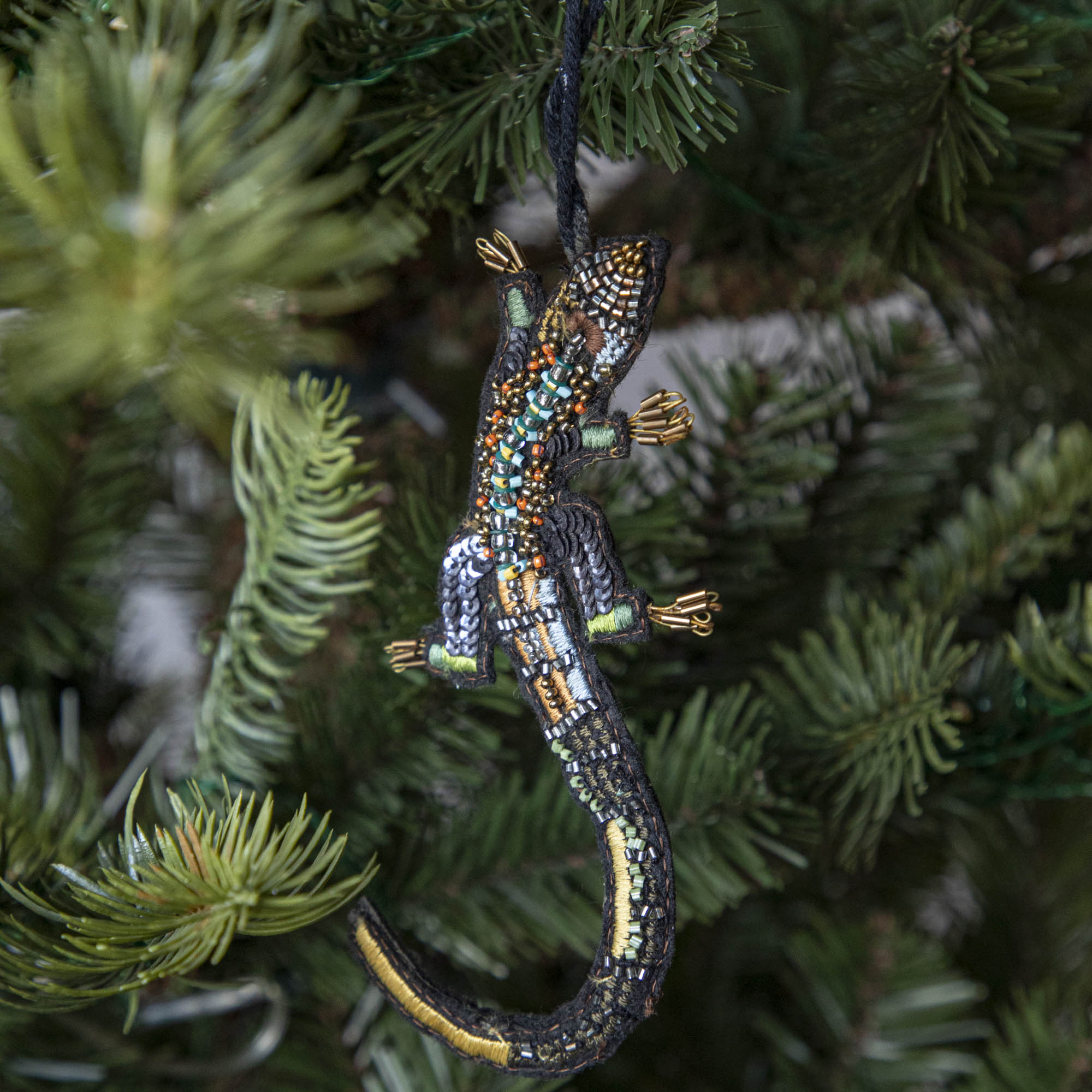 Beaded Lizard Ornament hanging in a Christmas Tree