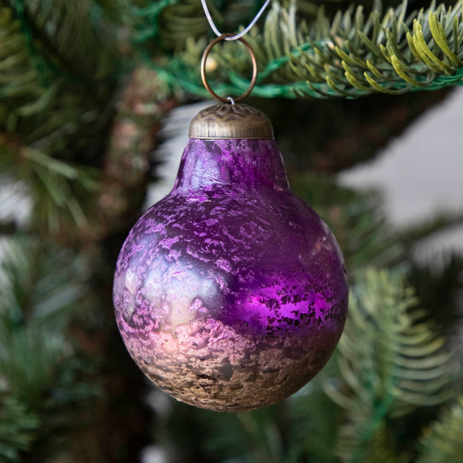 Purple Kugel Ornament hanging in a tree