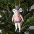 Felt Mouse Ornament with Pink band jacket on and a grey hat handing in a Christmas Tree