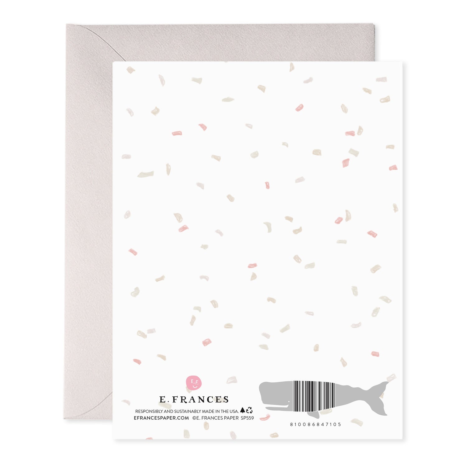 Back of the Frosted Wedding Card featuring a confetti design and E.Frances branding with a gray envelope.