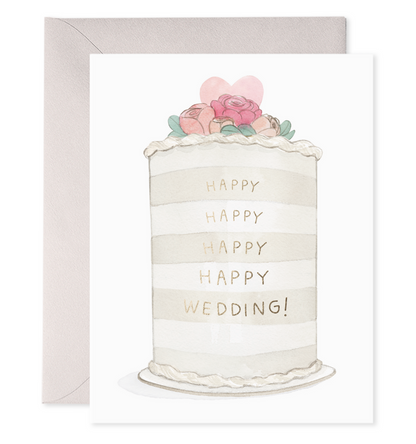 front of card with illustration of a wedding cake that says in gold foil &quot;happy happy happy happy wedding&quot;