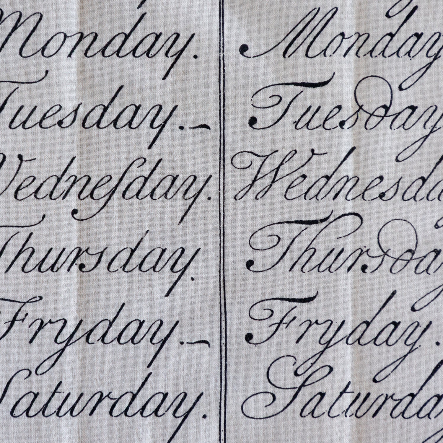 Textured fabric with handwritten-style days of the week printed on it.