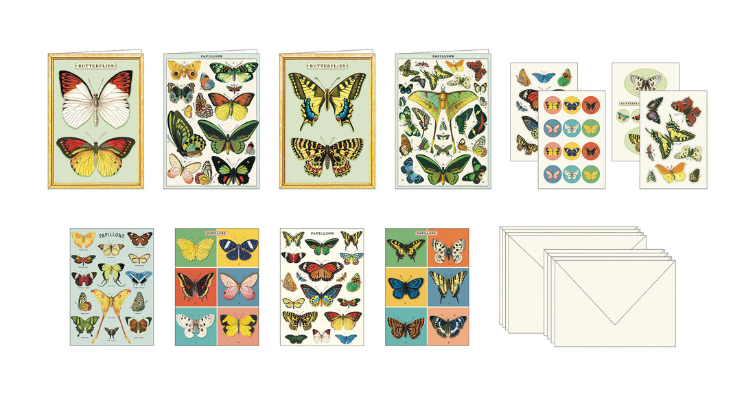 A Cavallini Papers &amp; Co Butterflies Stationery Set, inspired by the Archives, includes cards, folded notes, envelopes, and stickers with a butterfly theme.