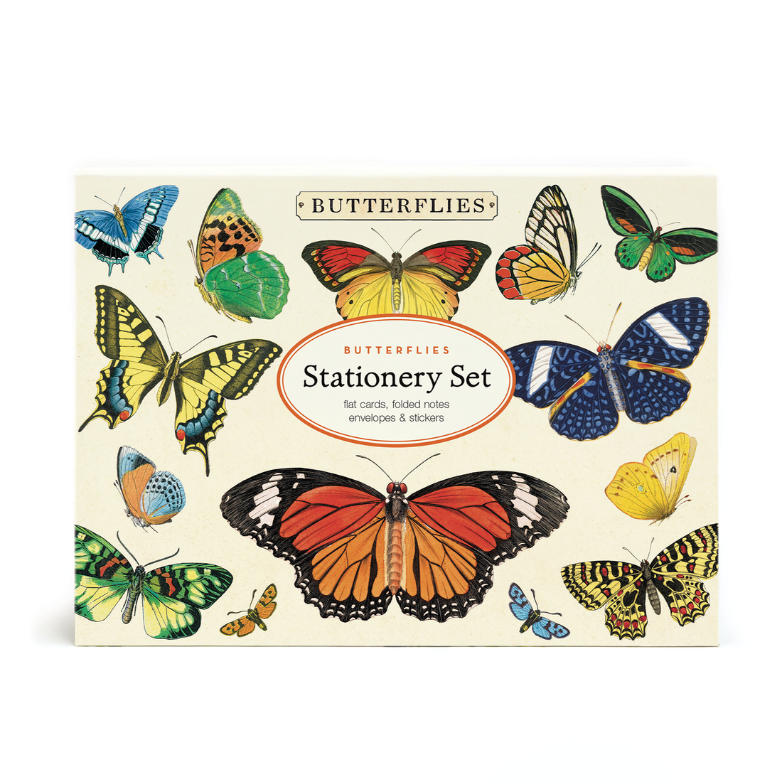 A Cavallini Papers &amp; Co Butterflies Stationery Set, inspired by the Archives, includes cards, folded notes, envelopes, and stickers with a butterfly theme.
