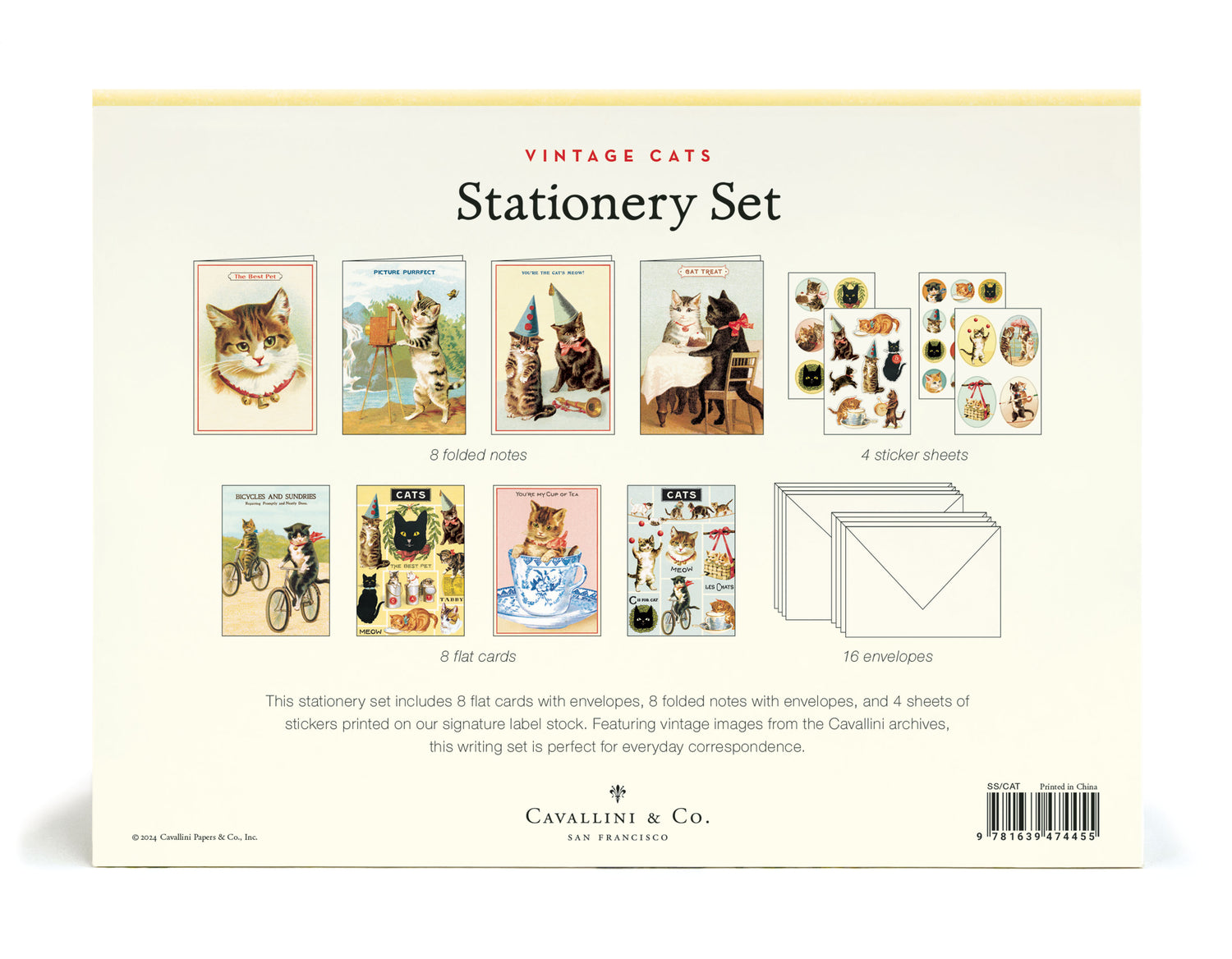 Cavallini &amp; Co vintage cats stationery set packaging with illustrations of cats and stationery items.