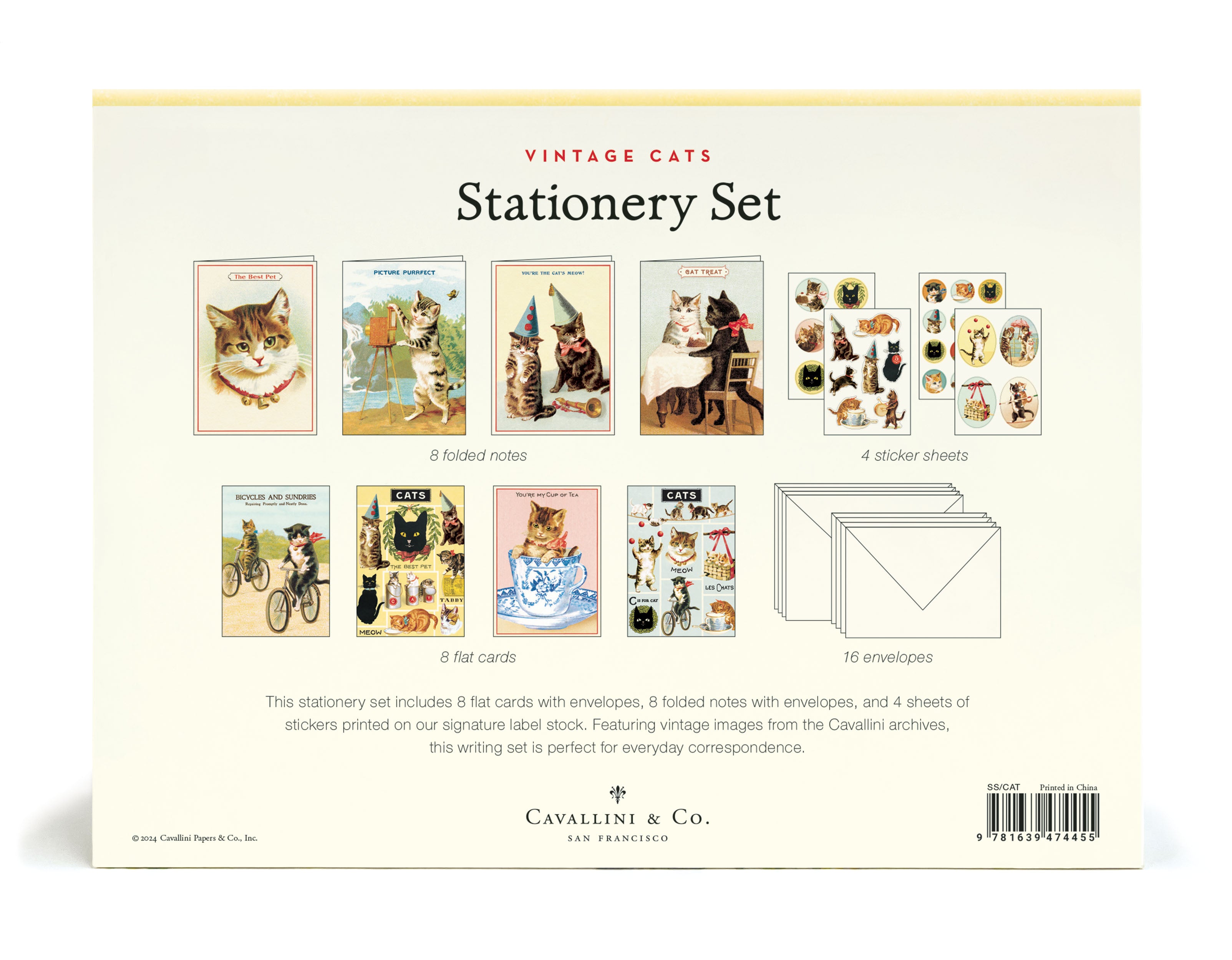 Cavallini &amp; Co vintage cats stationery set packaging with illustrations of cats and stationery items.