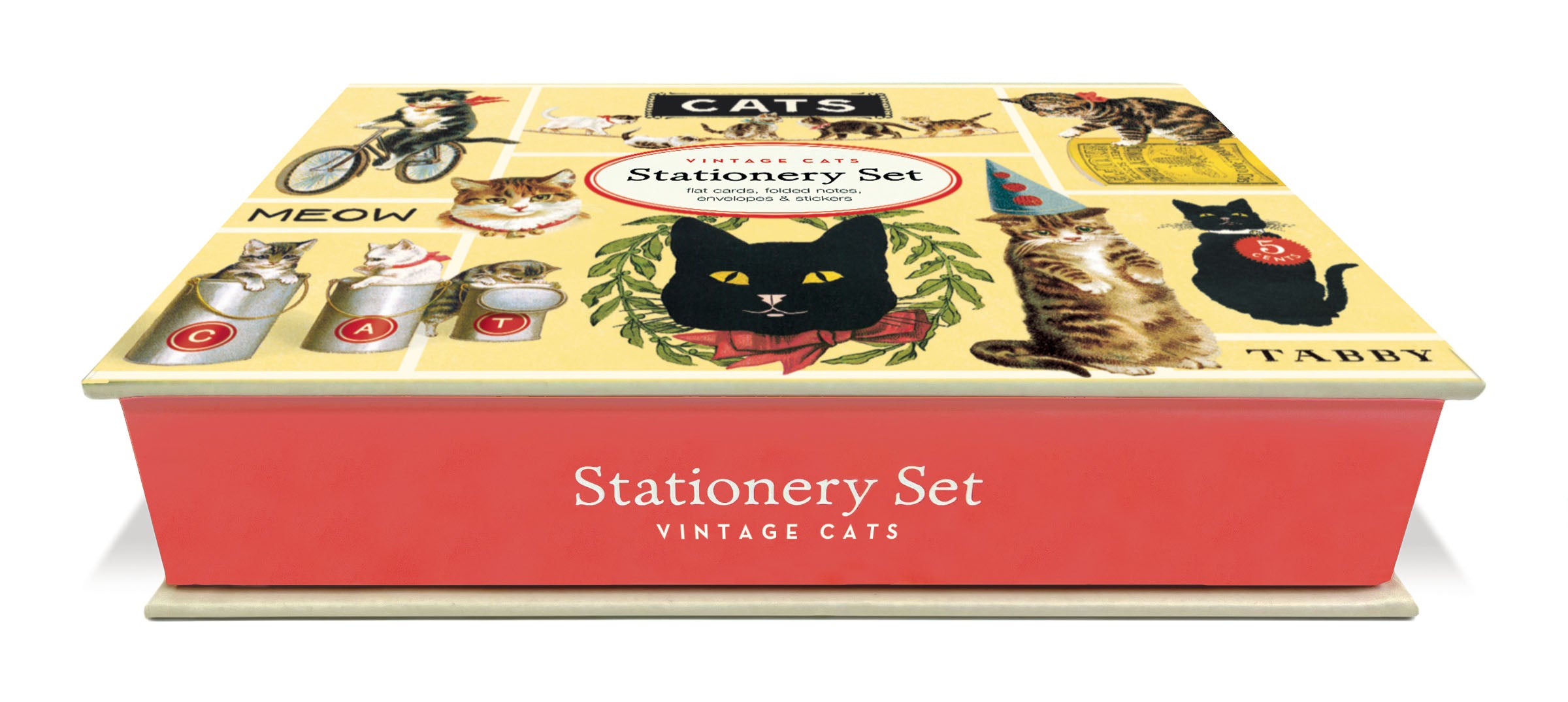 Stationery set packaging with vintage cat illustrations on a white background.