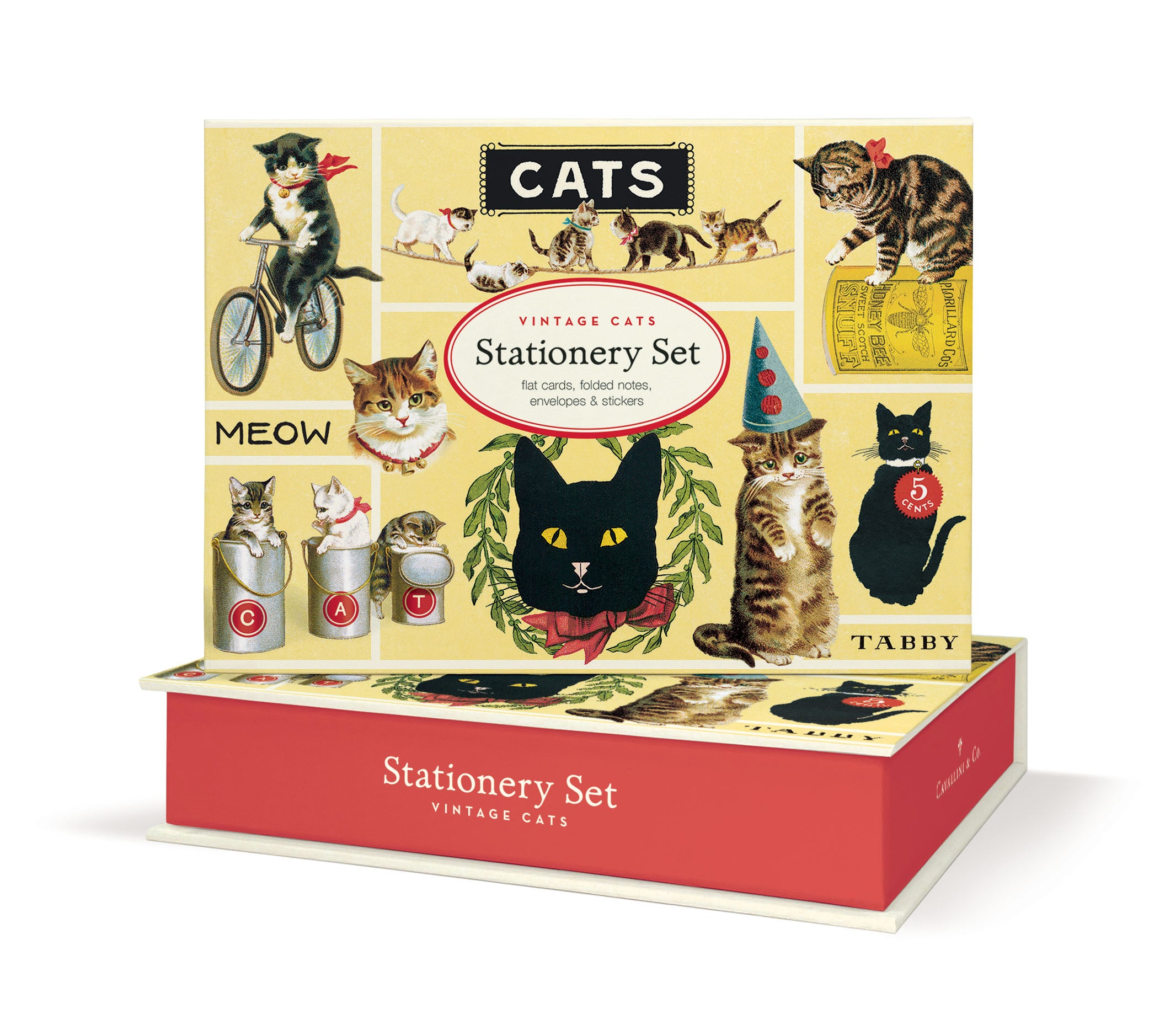 Stationery set packaging with vintage cat illustrations on a white background.