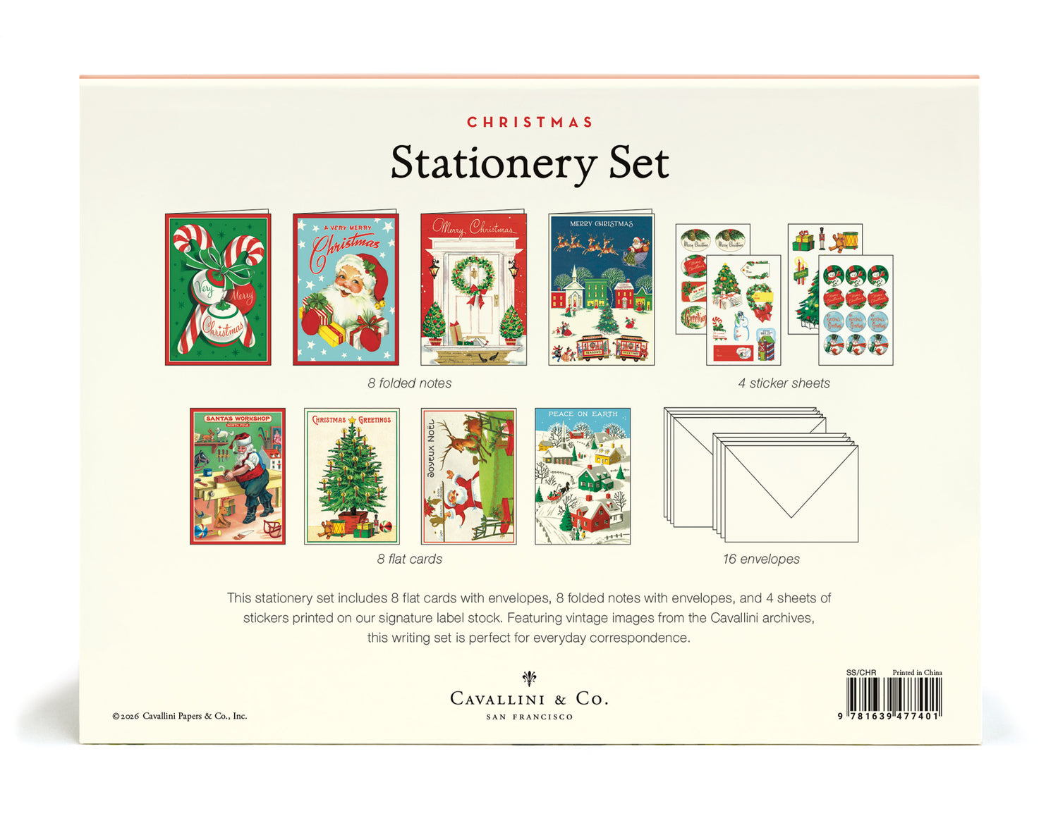 Christmas stationery set packaging with illustrations of cards and envelopes.