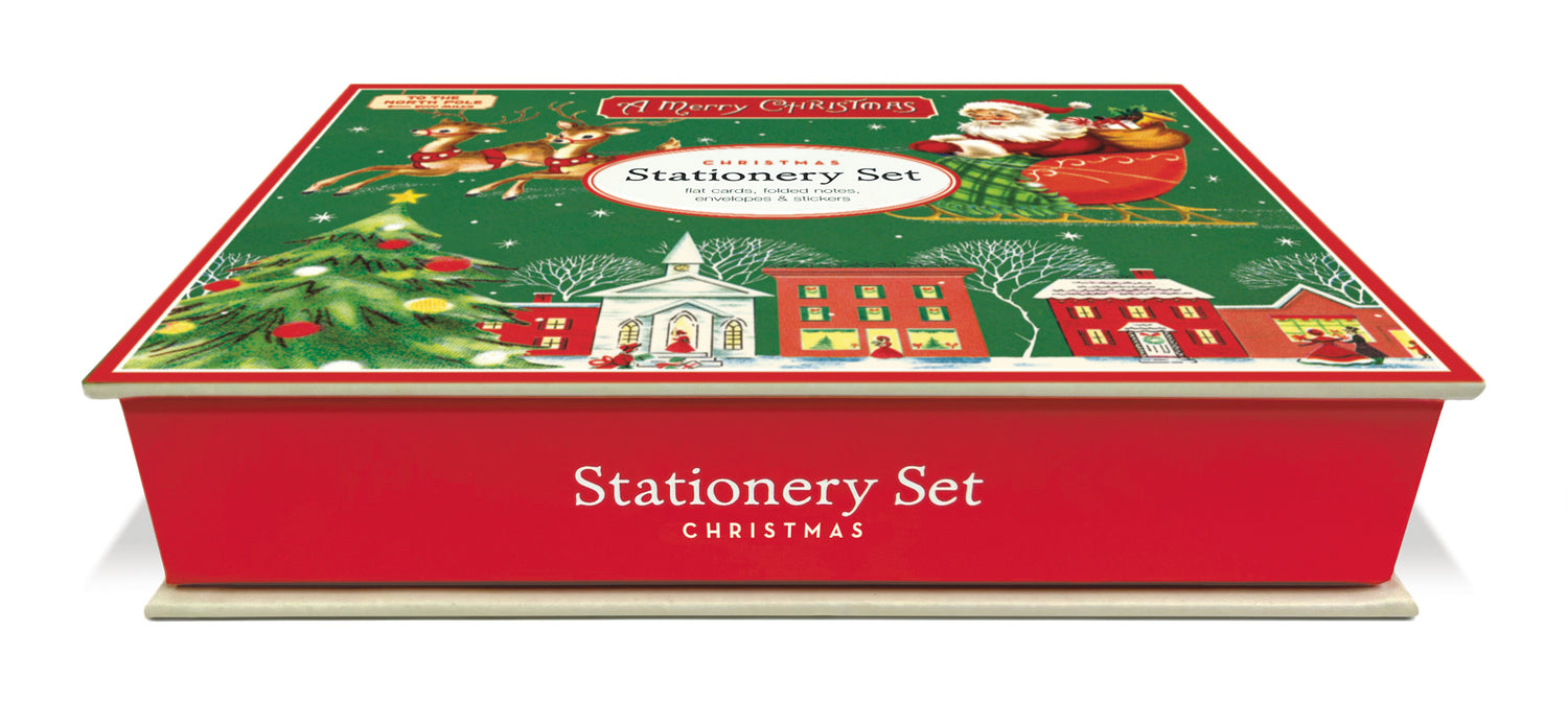 Christmas-themed stationery set box with festive design.