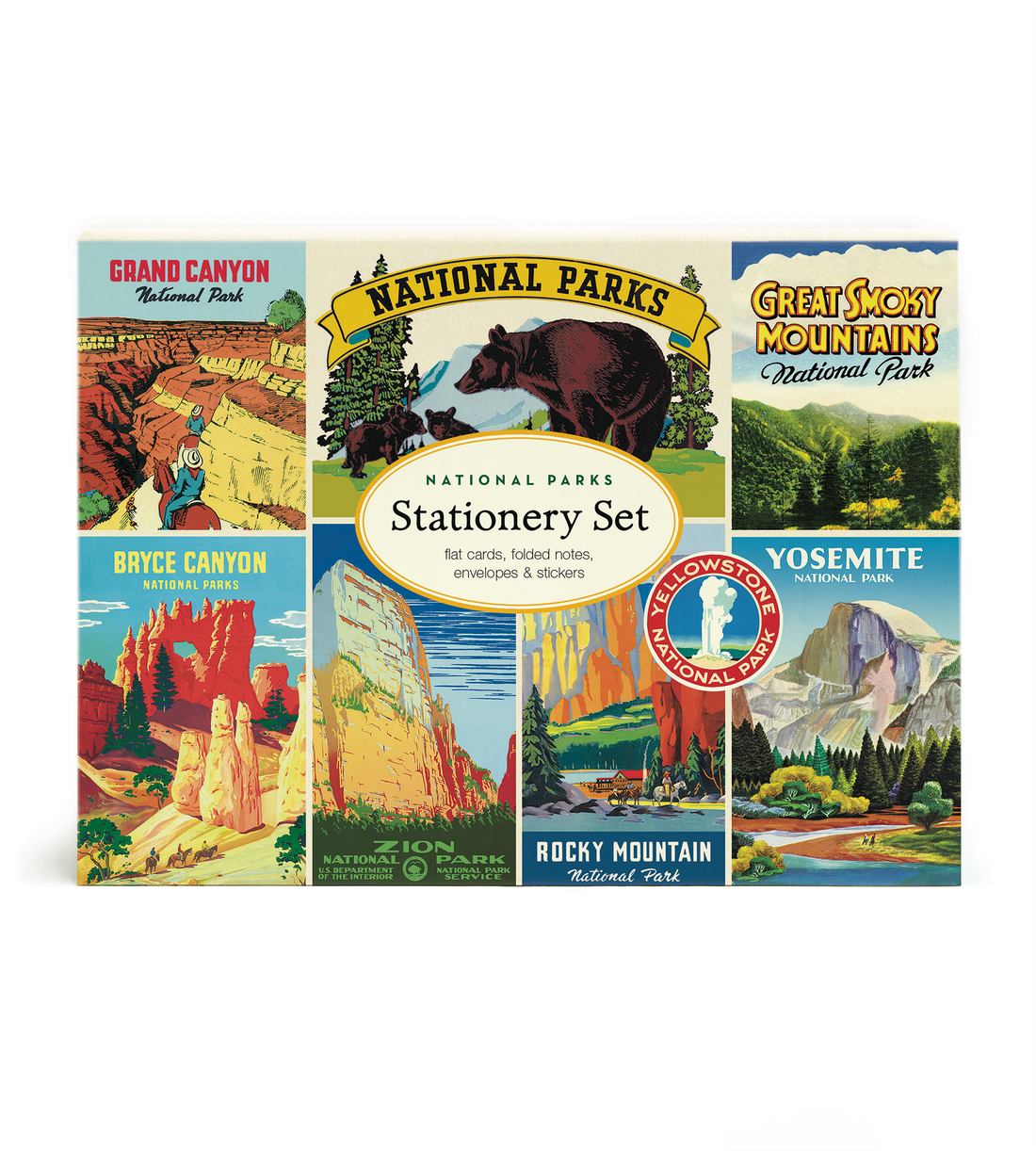 A National Parks Stationery Set, with illustrations of various parks on the packaging, from Cavallini Papers &amp; Co.