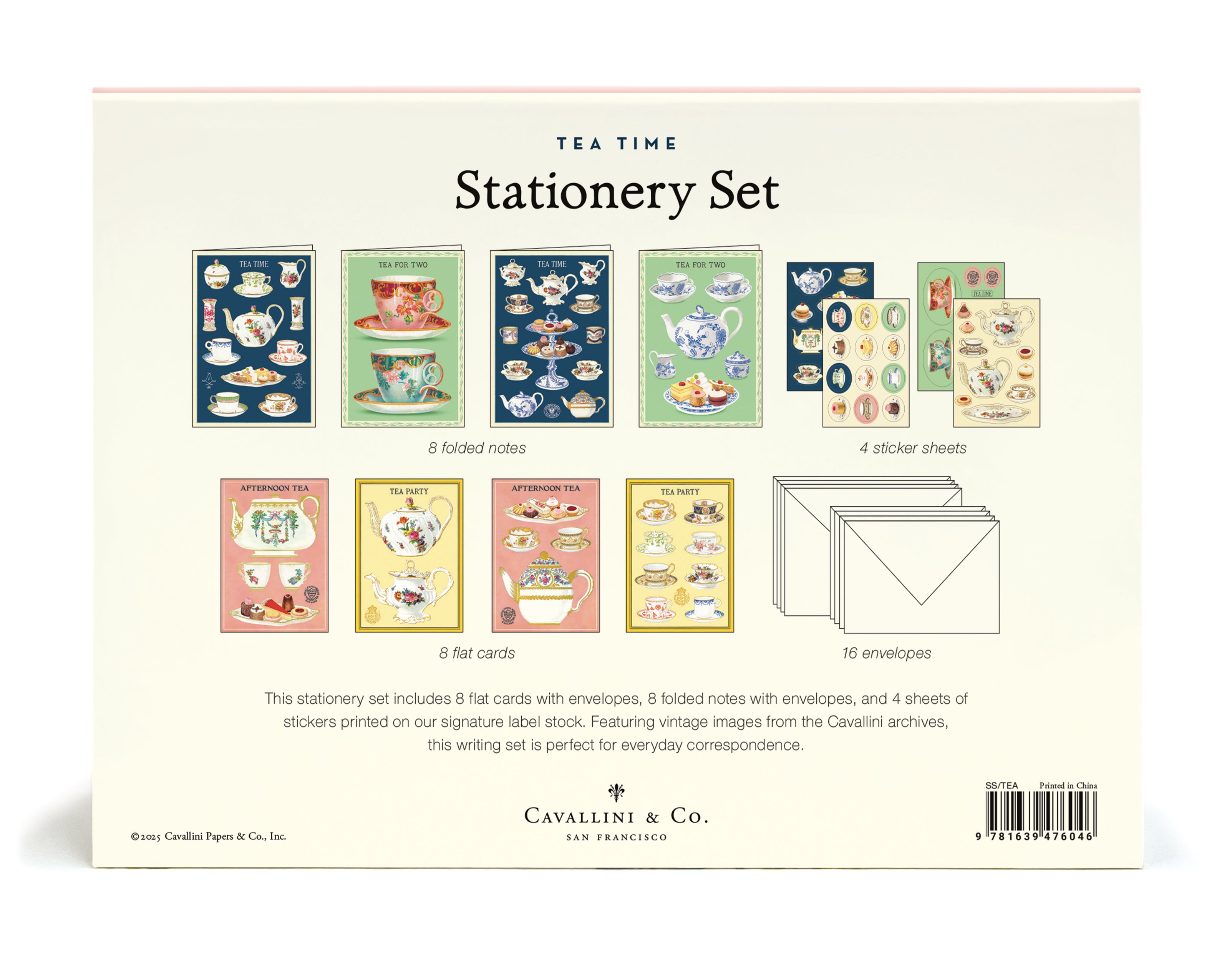 Tea Time stationery set packaging with illustrations of stationery items on a white background.
