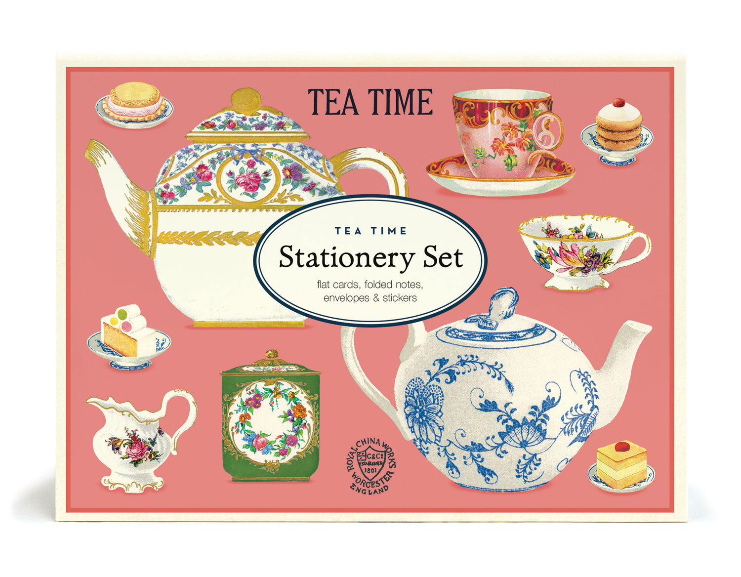 Tea time stationery set packaging with teapots and tea-related items on a pink background.