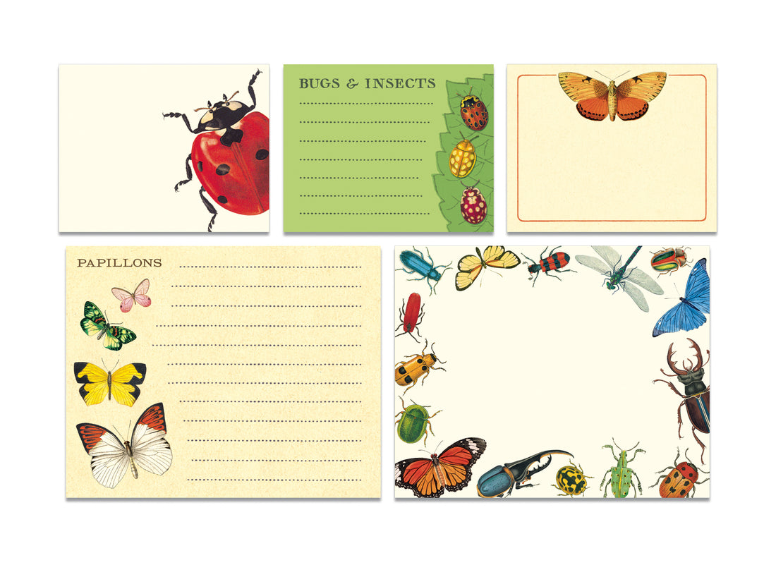 A Cavallini Papers &amp; Co tin with ladybugs and butterflies on it, filled with Bugs &amp; Insects Sticky Notes.