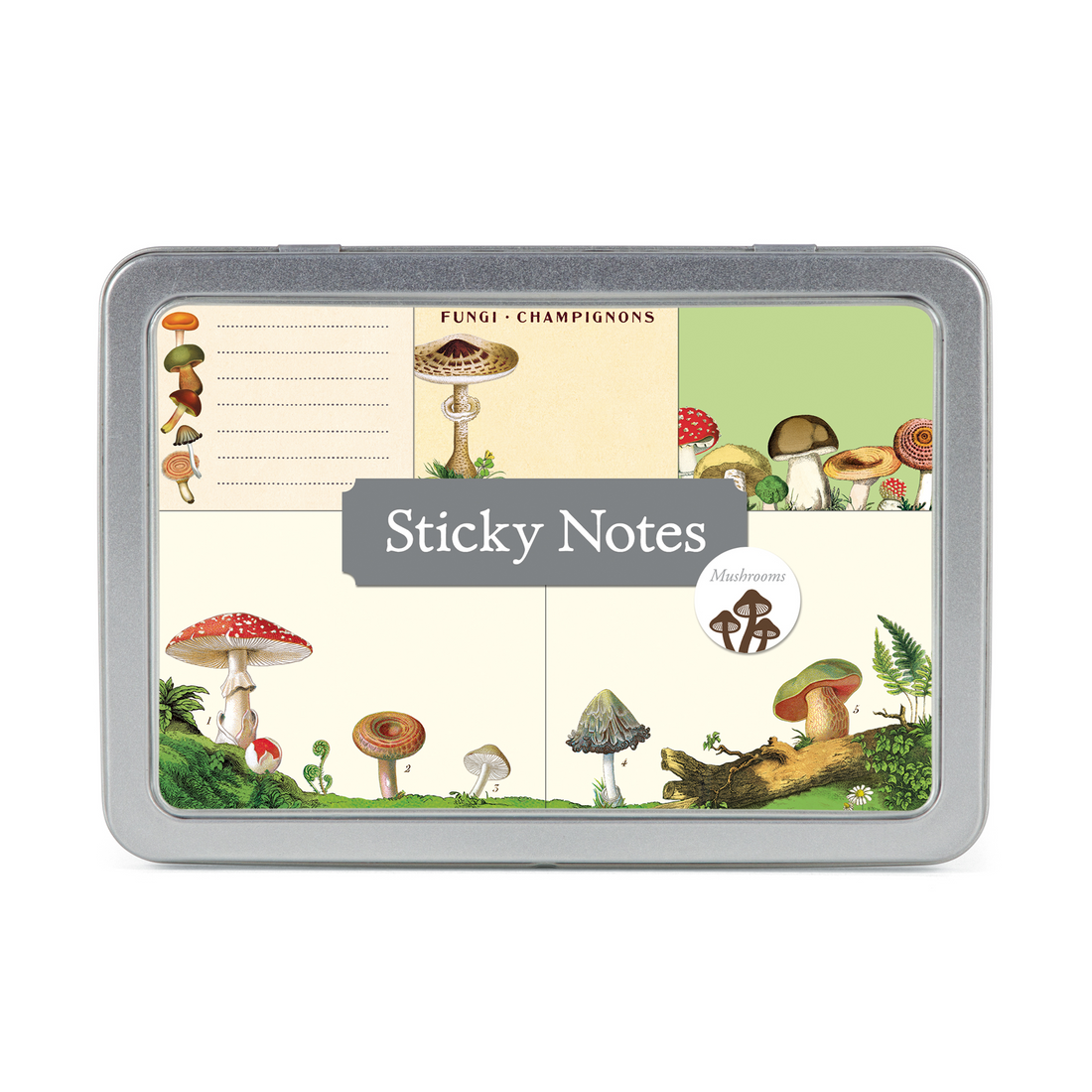 A tin of Cavallini Papers &amp; Co Mushroom Sticky Notes with various mushroom illustrations.