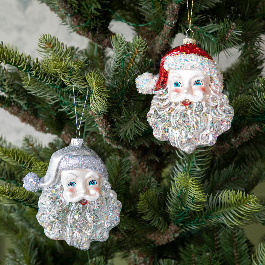 Glass Santa Face with Silver Glitter Ornament