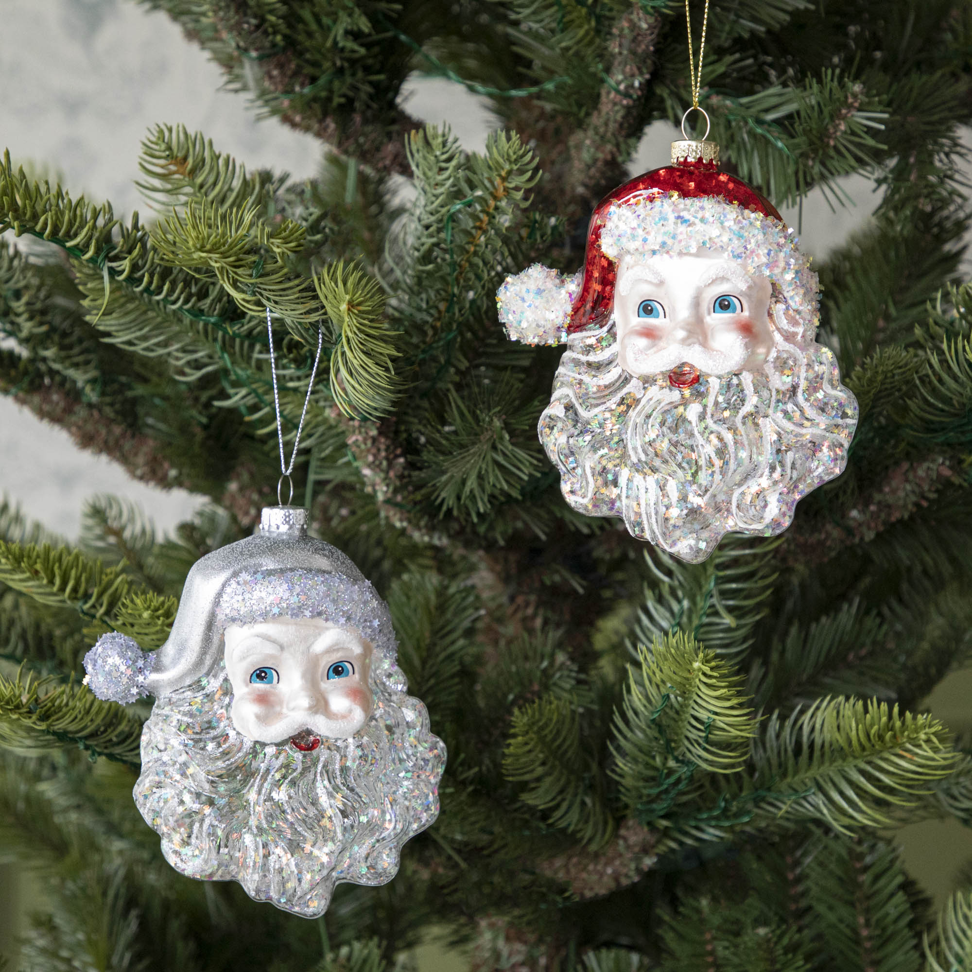 Glass Santa Face with Silver Glitter Ornament