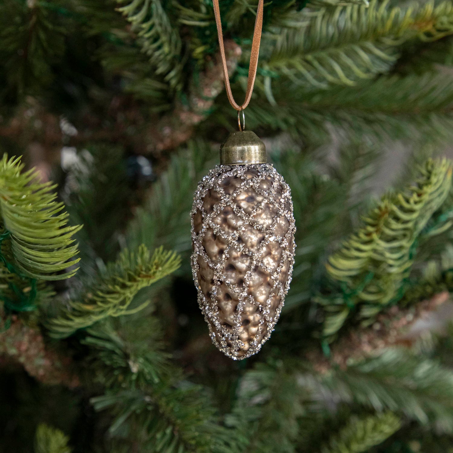 Brown Pinecone Shaped Ornament with Silver Glitter