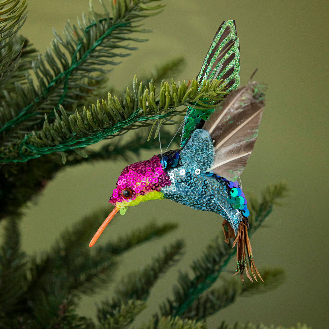 Sequin Hummingbird ornament in tree