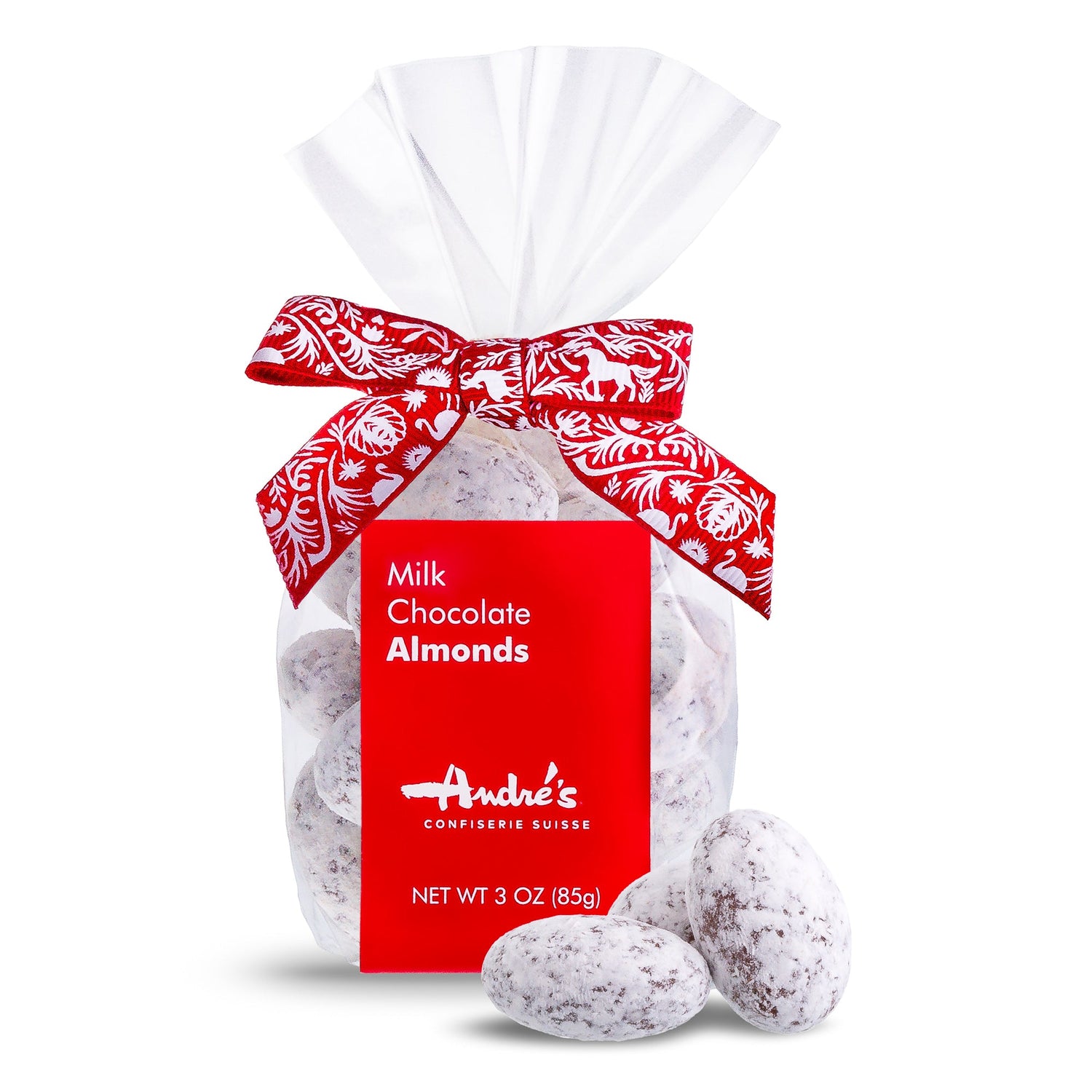 Packaged chocolate almonds with a red decorative bow on top of a transparent plastic bag labeled as &