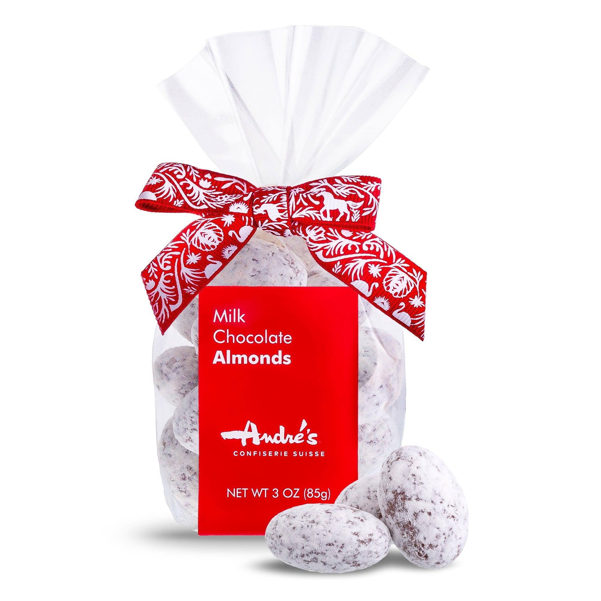 Packaged chocolate almonds with a red decorative bow on top of a transparent plastic bag labeled as &