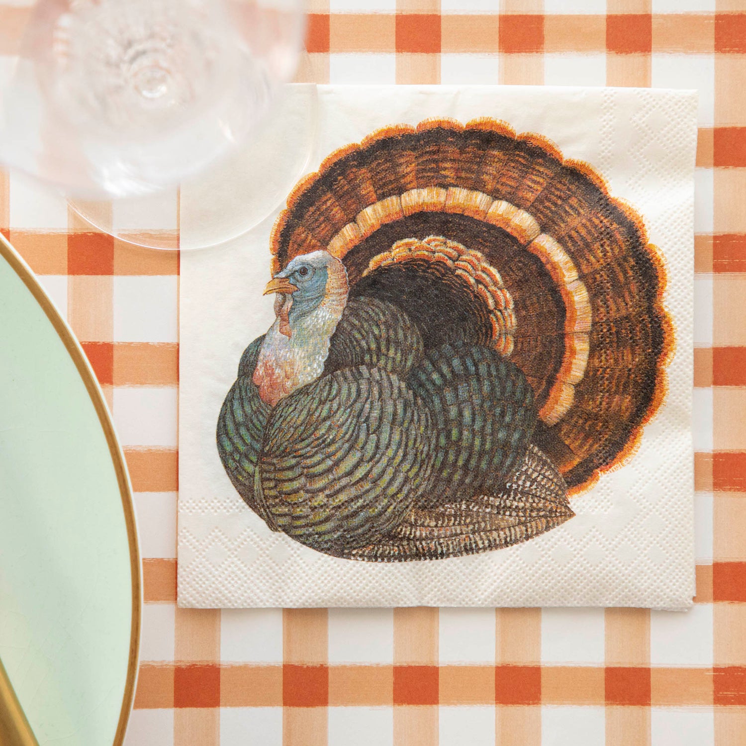 A Heritage Turkey Cocktail Napkin under a stemmed glass in a Thanksgiving place setting, from above.