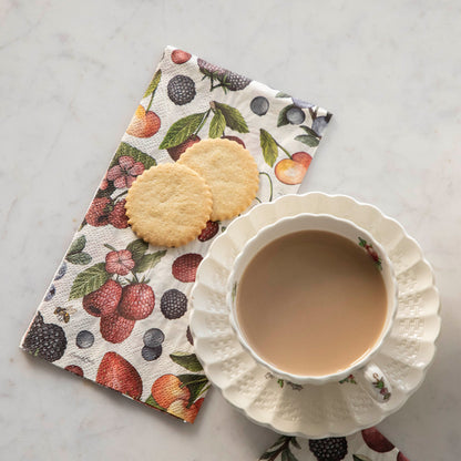 A cup of coffee and cookies on a Wild Berry Napkin at a fun event by Hester &amp; Cook.