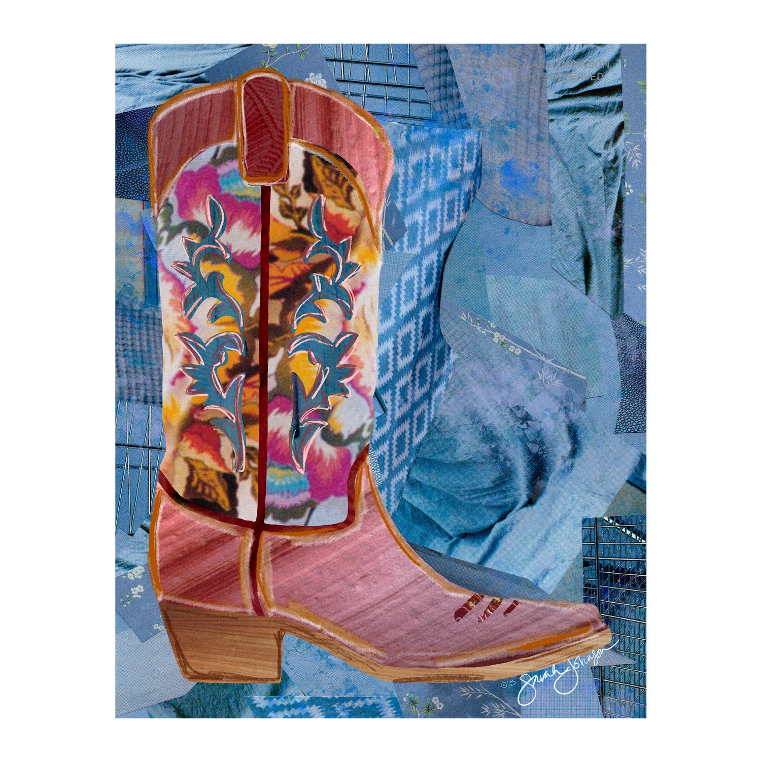 Colorful cowboy boot with abstract design on a blue patterned background.